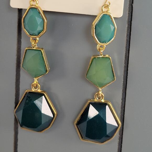 Forever 21 Green Gold Tone Geometric Drop Earrings Dangle Statement Boho Chic - Picture 3 of 7